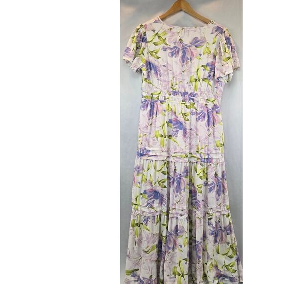 Biltmore Linen Floral V-Neck Midi Dress Romantic Lavender Cream Lined Large - Picture 5 of 10